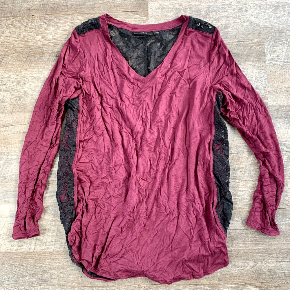 Burgundy with Black Lace Back Long Sleeve Tee